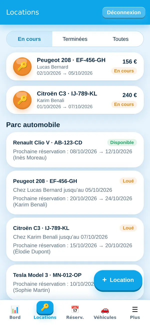 Liste des locations en cours