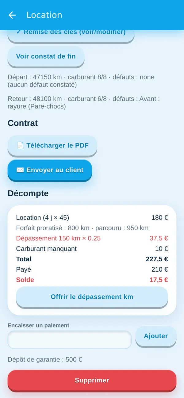 Décompte de location avec dépassement kilométrique