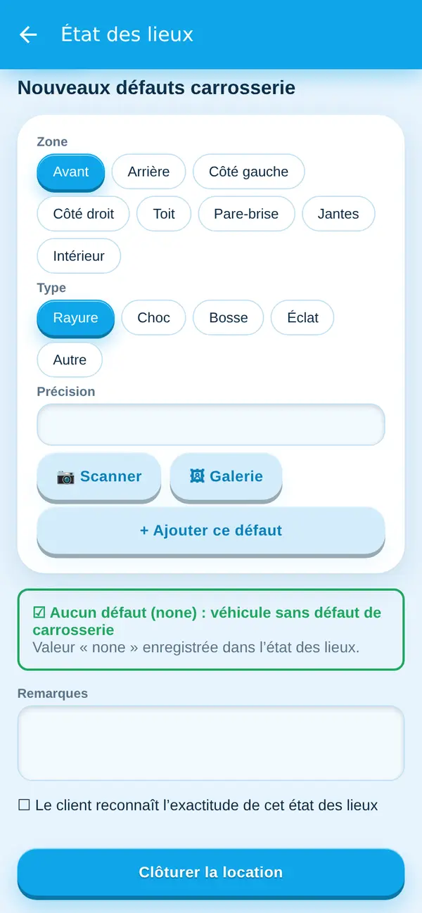 Formulaire de constat avec la case Aucun défaut (none)