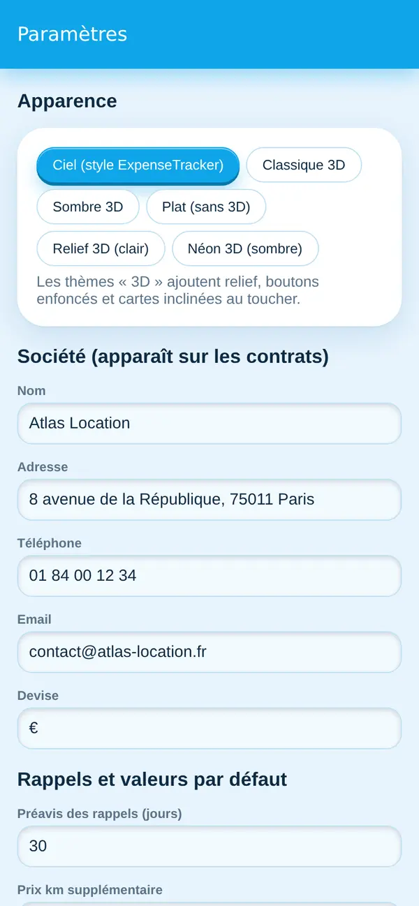 Choix du thème dans les paramètres