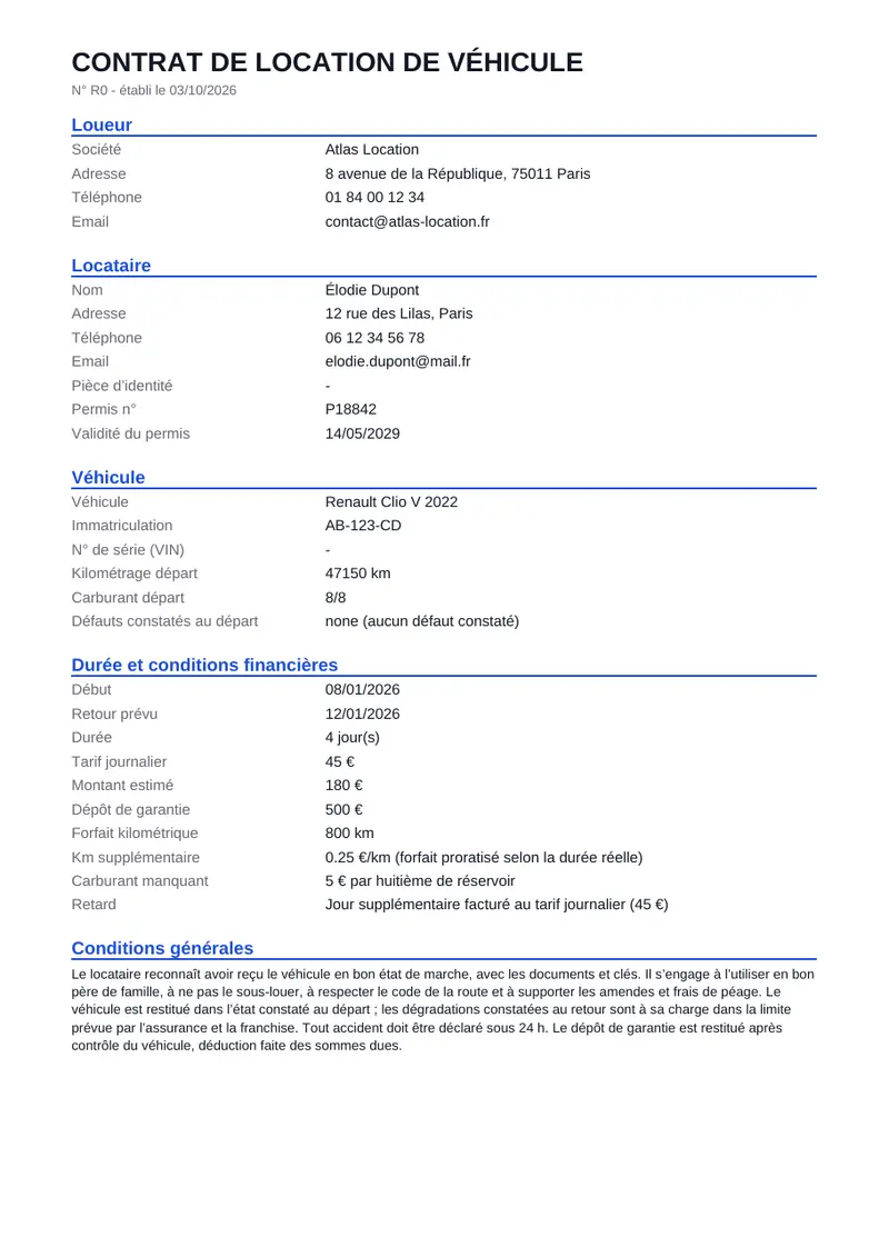 Aperçu du contrat de location en PDF